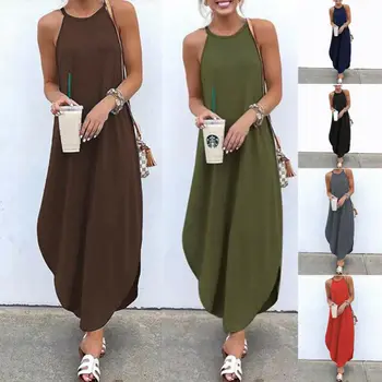 

Womens Slip Dress Sleeveless O-Neck Irregular Hang Neck Strappy Summer Ultrathin Long Tank Casual and Loose Solid Dresses