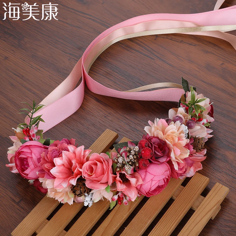 Haimeikang, летняя Свадебная Цветочная корона, повязка на голову, детский венок для вечеринок, цветочные гирлянды, лента, регулируемая Цветочная корона, Роза для женщин