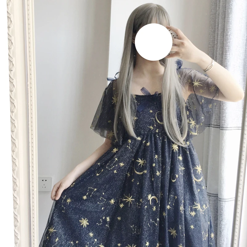 

Japanese Harajuku Women Fairy Kawaii Lolita Dress Embroidery Moon Stars Gothic Dress Elegant Cute sweet Sequined Bow Dresses