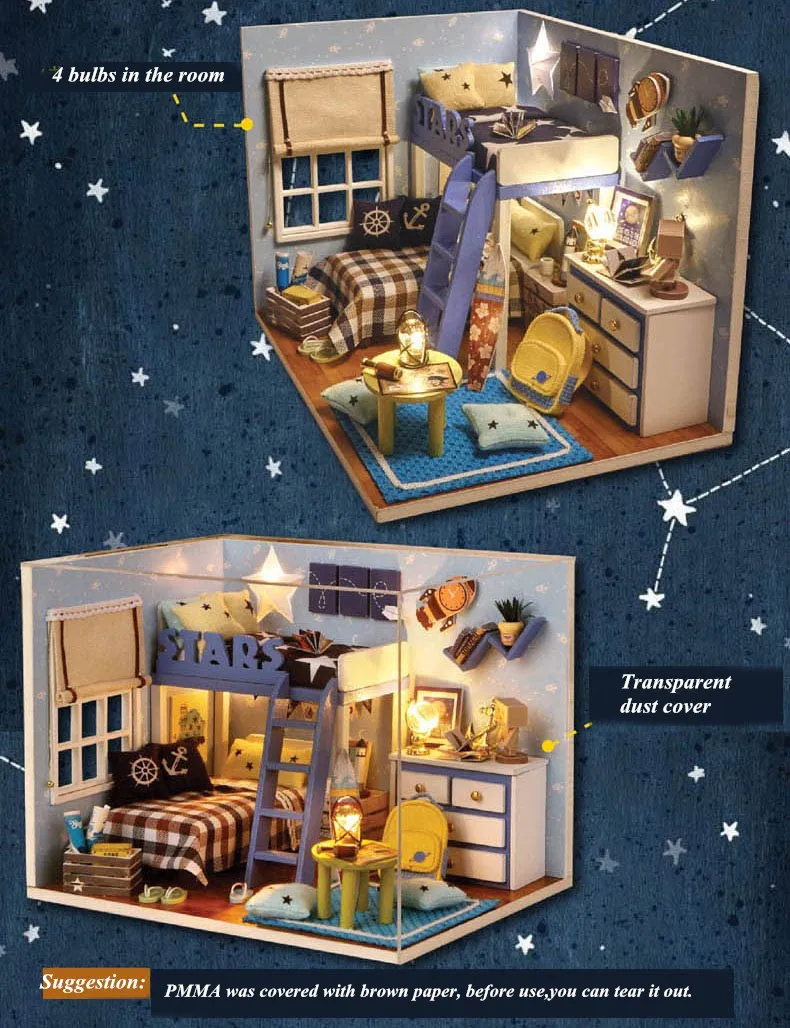 Светящиеся миниатюрные домашние статуэтки, модель для украшения дома, звездная двухъярусная кровать, светодиодная сборная музыкальная шкатулка «сделай сам» с защитой от пыли, детский подарок