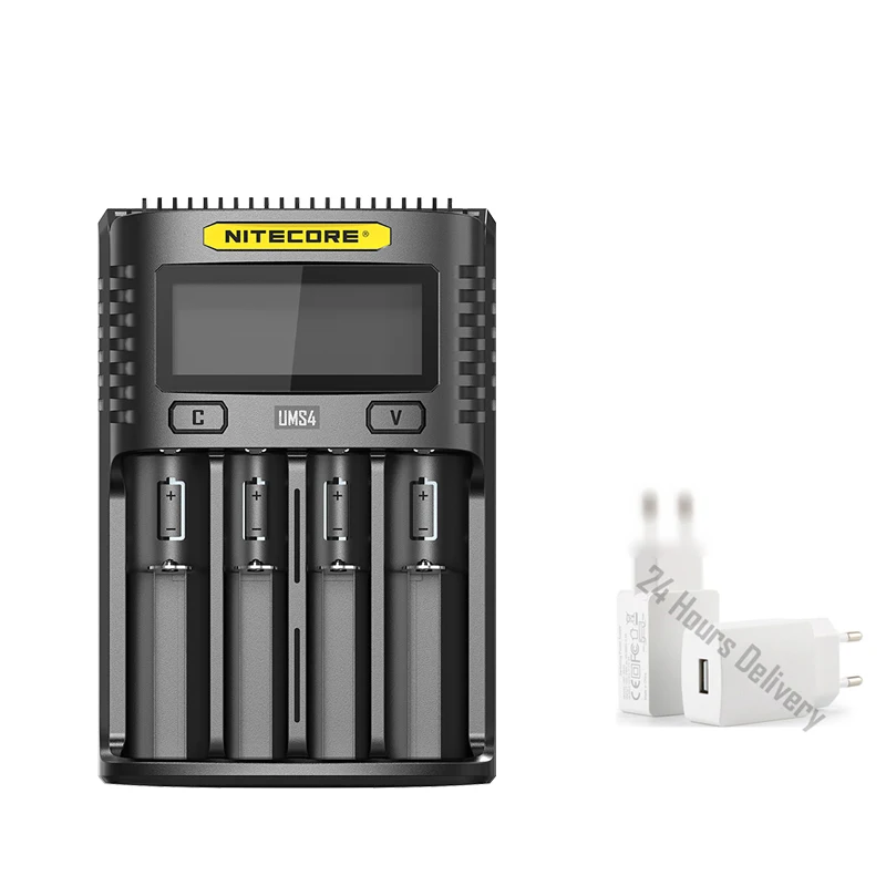 NITECORE UMS2 UMS4 UM2 UM4 SC4 интеллигентая(ый) QC Зарядное устройство для 18650 16340 21700 20700 22650 26500 18350 aa aaa Батарея Зарядное устройство - Цвет: UMS4 Add plug