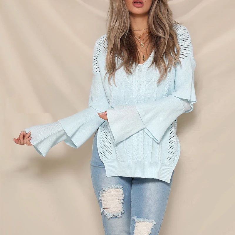 Long Flare Sleeve V Neck Women Sweater Knitted Hollow Out Split Long Pullover Red Casual Jumper 2018 Autumn Winter White Sweater Sweaters