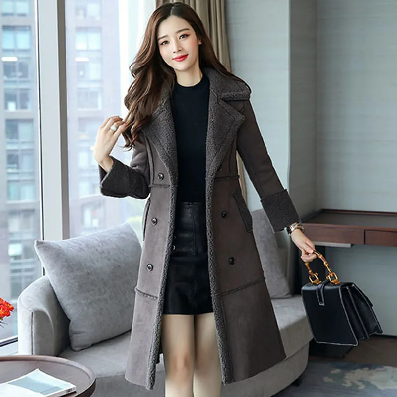 Женская замшевая куртка большого размера зимнее длинное пальто плюс шерсть бархат thicke двубортный дизайн парка верхняя одежда QH0983