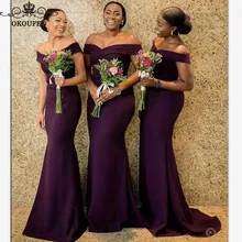 Фиолетовые платья подружки невесты, африканские женские платья с открытыми плечами, Длинные вечерние платья для гостей на свадьбу, платья для Noche