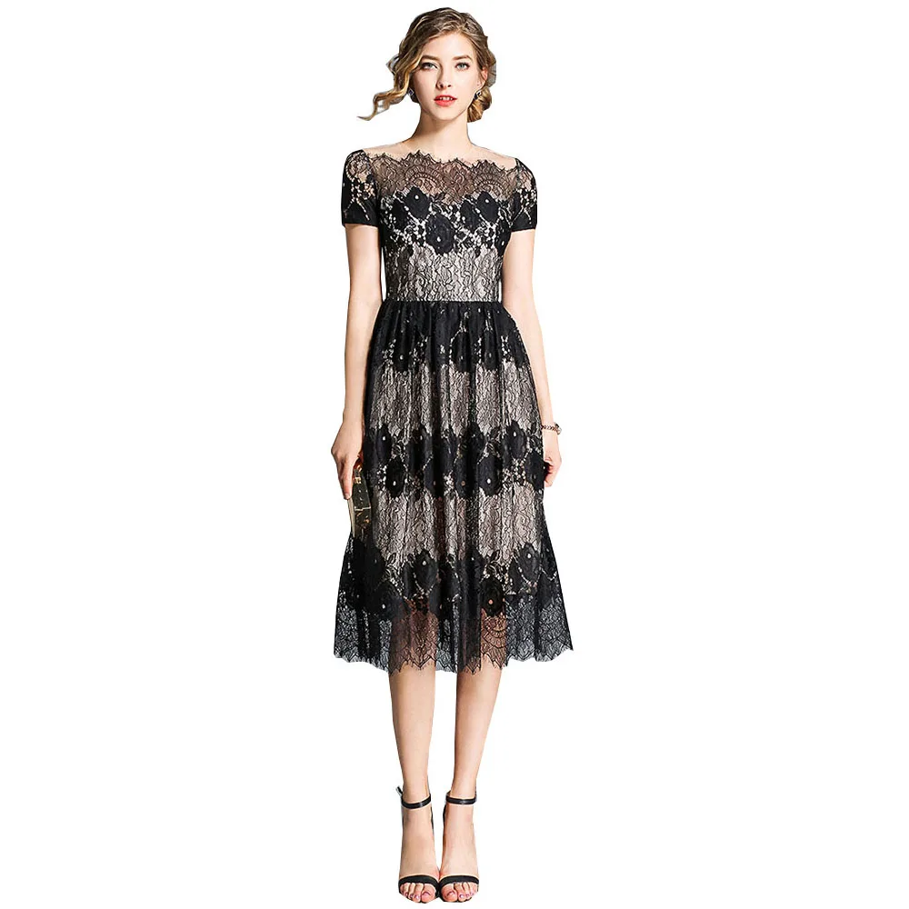 

Vintage Woman Lace Dress O-neck Female Short Sleeve Dress Hollow-out Laces Party Dress for Woman Summer New Midi Dress 2019