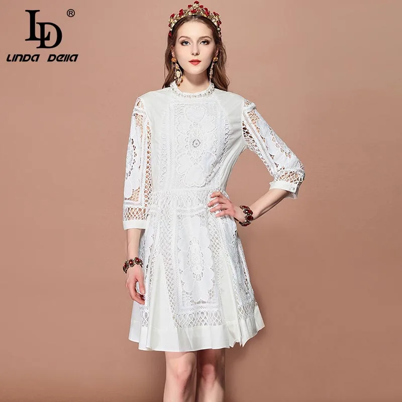 Многоцветный LD LINDA делла модное подиумное весенне-летнее женское платье с 3/4 рукавом, с вырезом, с бисером, повседневное элегантное белое платье vestido - Цвет: Многоцветный