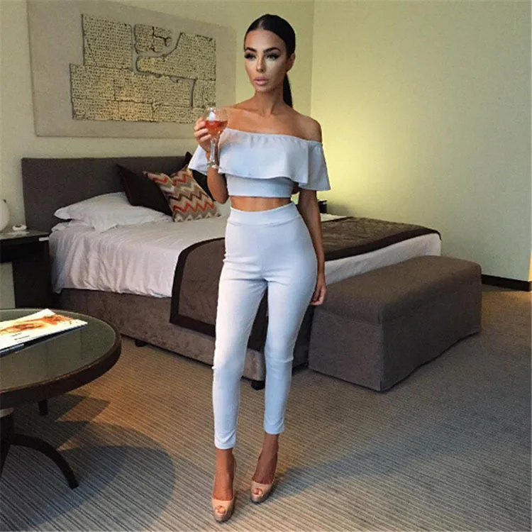 

Women's Sexy One Neck Fashion Casual Two Piece Suit Fashion New Style Sexy Solid Tracksuit Women Two Piece Set top and pants