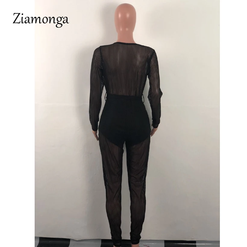 Ziamonga Для женщин сетка комбинезон Sheer See Through с длинным рукавом Глубокий V шеи полосатый Bodycon Сексуальная клуб комбинезоны брюки