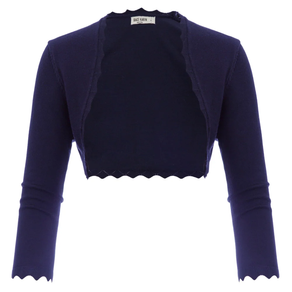 Navy Blue GK черный/слоновой кости женские Болеро с рукавом 3/4 открытым передом Болеро Офисная Рабочая одежда Вечерние облегающие Топы Scalloped вязаный жакет пальто - Цвет: Navy Blue