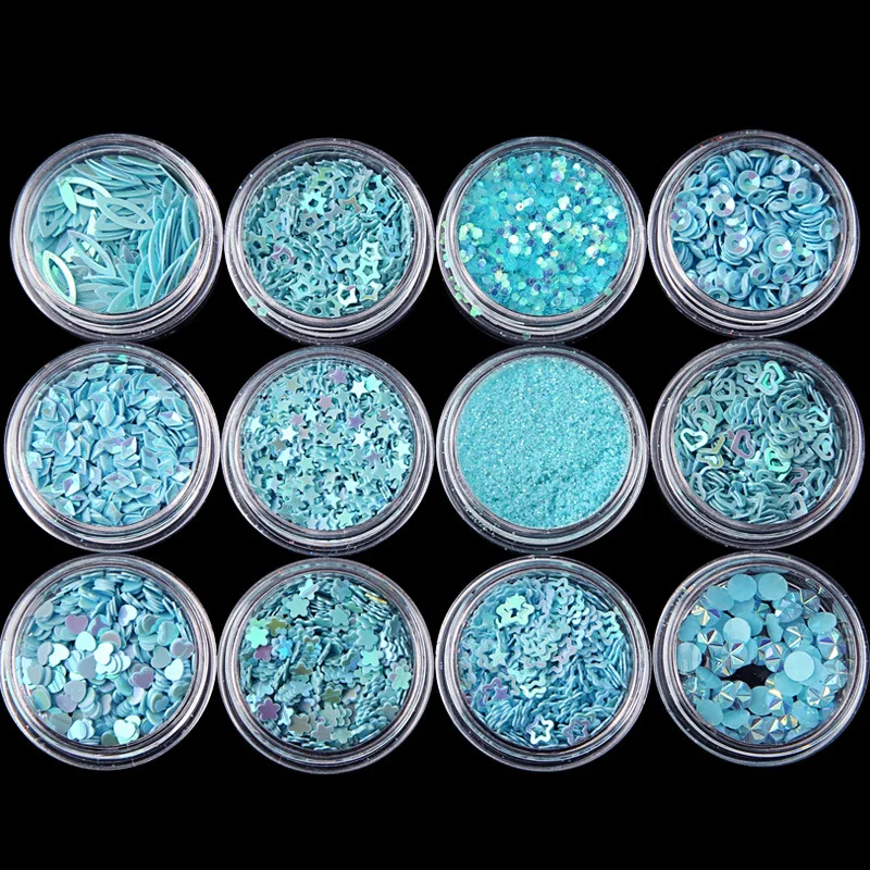 

12 Boxes Holographic Blue Nail Glitter Mix Star Round Heart Flakes Irregular DIY Nail Art Decor Sequins