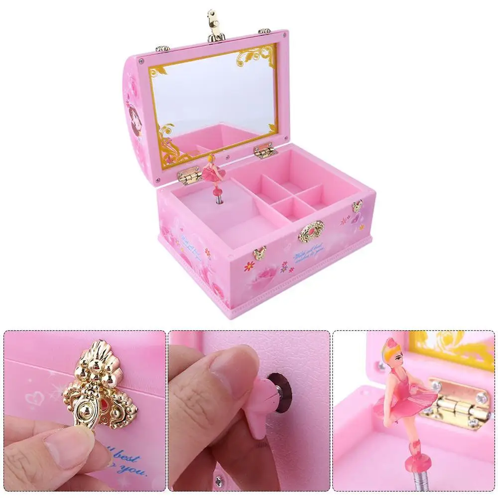 Online Caja de música encantadora rosa en forma de pecho caja de almacenamiento de joyería de moda muñeca de baile giratoria dulce caja de música de regalo decoración para mujeres y niñas