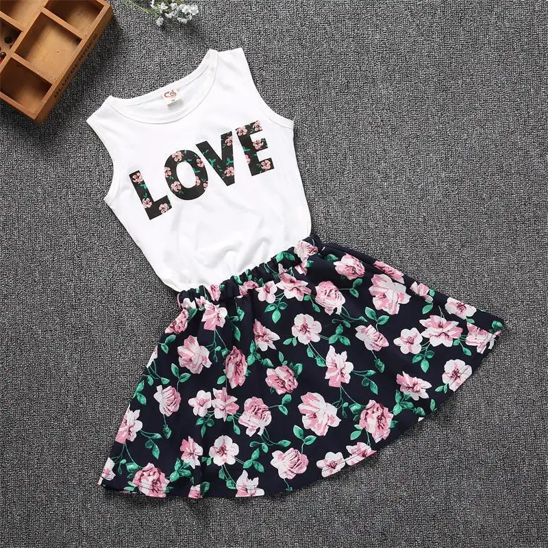Roupas de Verão Ternos para Meninas Carta de Amor Conjunto de Roupas 2 3 4 5 6 7 8 9 10 Ano Meninas Crianças Colete Flor Saia Crianças Menina Ropa 3 roupas de verão crianças ternos para meninas