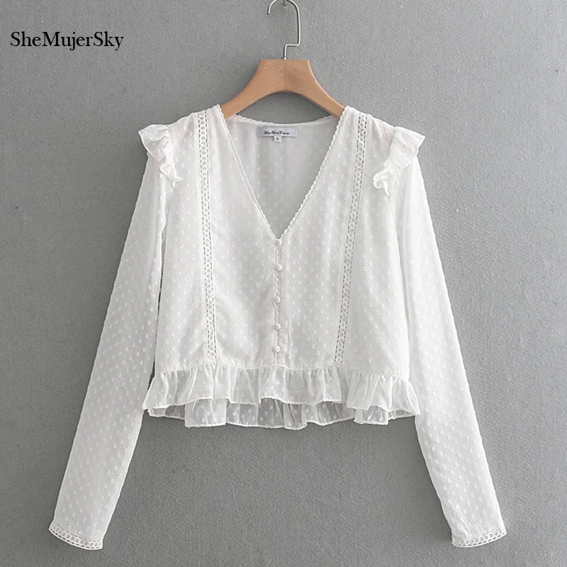 

SheMujerSky White Chiffon Blouses Women Lace Spliced Casual Shirts 2019 Ladies Long Sleeve Tops Ruffles