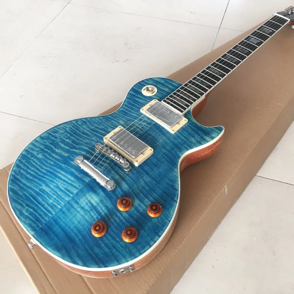 

Blue tiger flame top LP standard custom 59 Electric guitar.One Piece Body &Neck,Ebony fretboard guitarra Real Abalone inlay,