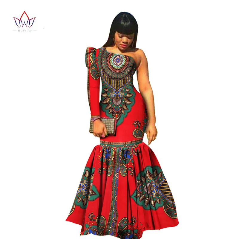 Летнее платье, африканская ткань, платья с принтом, на одно плечо, с длинным рукавом, платье русалки, макси платье, женское, плюс размер, одежда 6XL, WY346