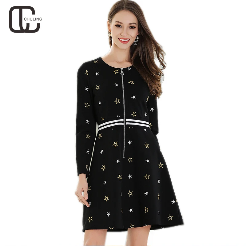 2018 Spring Women's Embroidery Elegant Zipper Cotton Dresses Casual