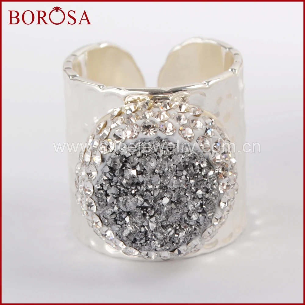 

BOROSA Fashion Design 5pcs Rhinestone Pave Round Druzy Crystal Silver Color Band Ring Gems Drusy Jewelry Rings as gifts JAB832