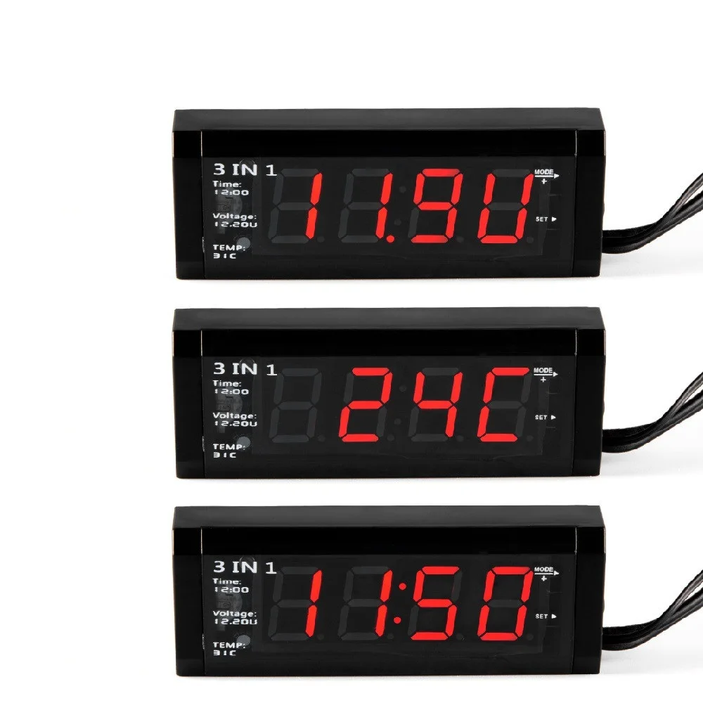 ALLSOME 12V Vehicle Car Kit Thermometer Voltmeter Clock Red LED Digital