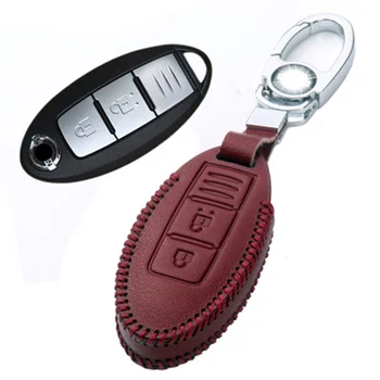 

Genuine PU Leather 3 Button Remote Key Bag Case Fob Holder Chain For Nissan Series D Type