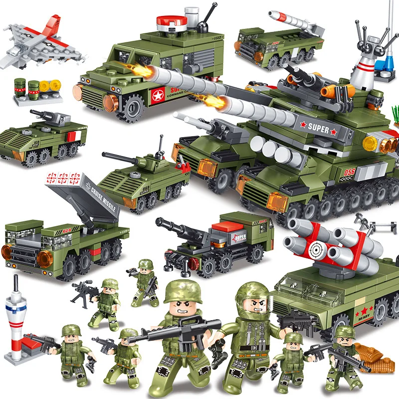 

700pcs 8 in1 Military Tank Fighter Blocks Missile Soldiers Bricks Weapons Compatible Legoings Army Building Blocks Children Toys