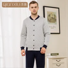 Осенняя брендовая домашняя одежда для мужчин, повседневные пижамные комплекты в горошек для мужчин, хлопковый бархатный Пижамный костюм для пар, пальто с длинными рукавами+ штаны