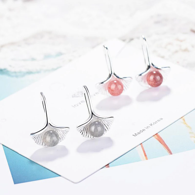 

KOFSAC New 925 Sterling Silver Earrings For Women Classic Crystal Pink Ball Ginkgo Biloba Earring Girl Jewelry Anniversary Gifts