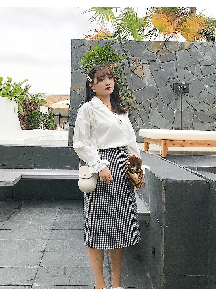 

Spring new4XL plus mm large size women's elastic waist straight straight fine lattice skirt stitching tem elegant Commuting