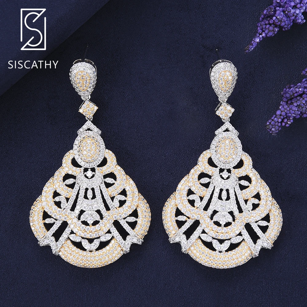 

37*66mm Luxury Women Drop Dangle Earrings Geometric Hollow Full AAA Cubic Zirconia Earrings Nigerian Bridal Wedding Jewelry 2019