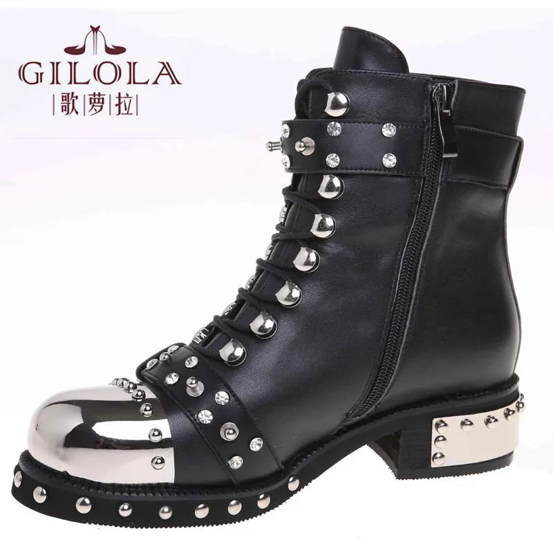 

genuine leather boots sexy thick heels ankle motorcycle rivets women boots fashion women shoes autumn woman black #Y0629516F