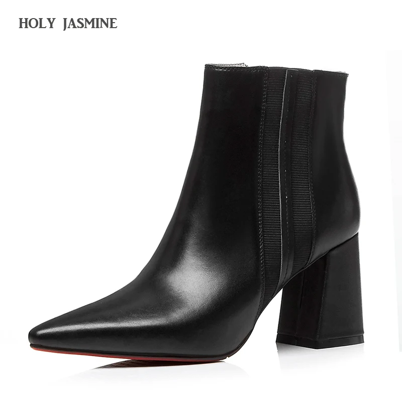 

2018 autumn New Genuine Leather Women Boots Cow Leather Ankle Boots for Women Fashion Square Toe Thick High Heel Ladies Shoes