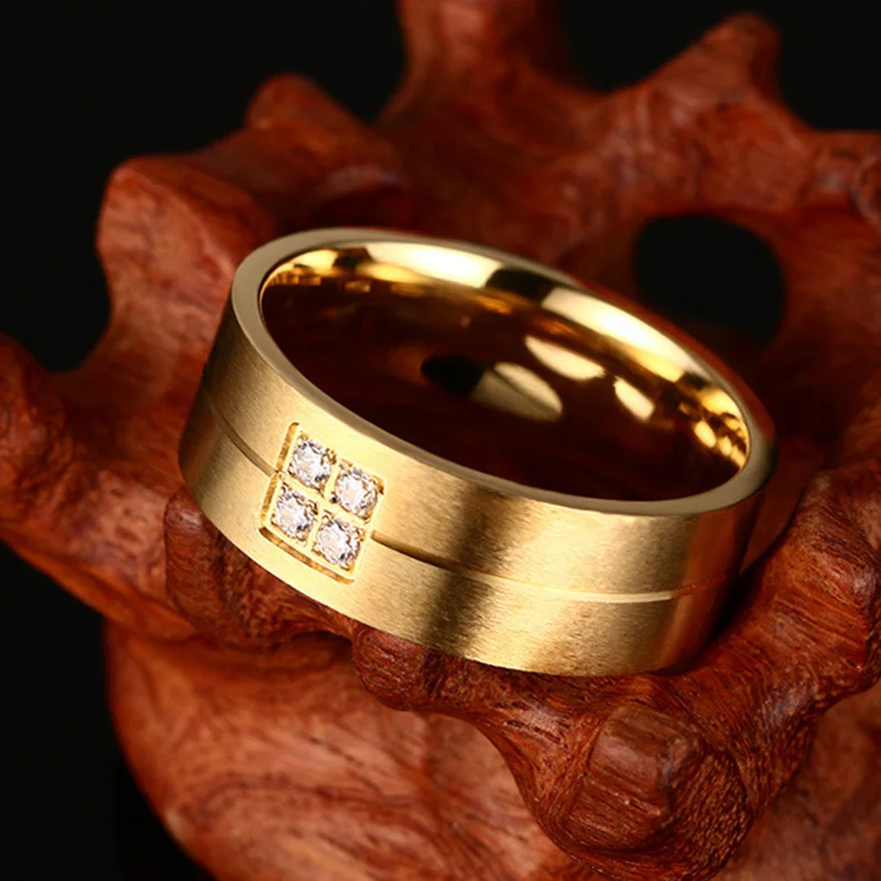 Alliance Ring for Women Men Gold Color Matte Stainless Steel Wedding Ring Lover Zirconia Couple Engagement Wedding Band Jewelry