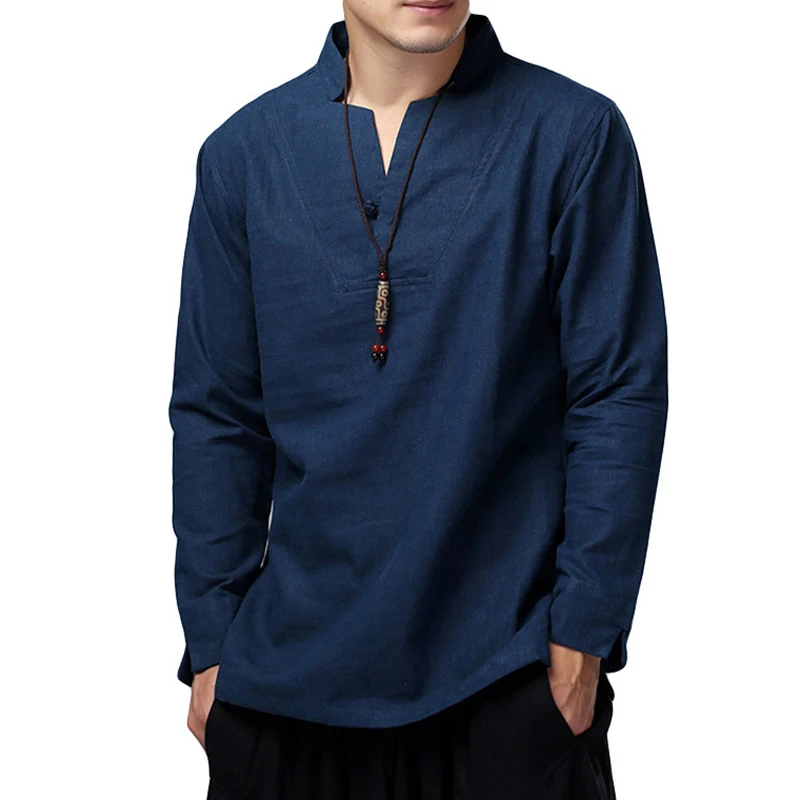 

Chinese Style Mens Shirt Linen Long Sleeve V-neck Casual Male Tops Solid Retro Baggy Social Shirts Men Camisa Plus Size 3XL 2019