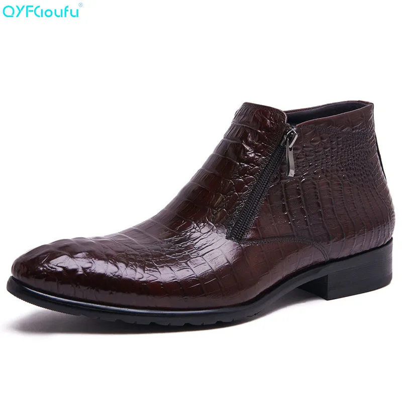 

Hot Sale Crocodile Pattern Mens Dress Boots Genuine Leather Office Ankle Boots Shoes Zip Retro Pointed Chelsea Boots