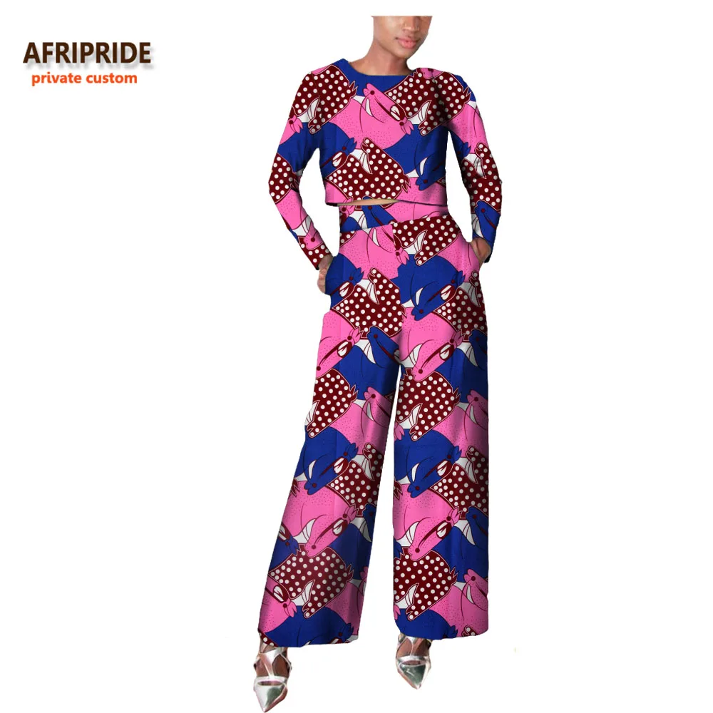 Осенний Африканский женский костюм AFRIPRIDE частный пользовательский короткий топ с длинным рукавом+ широкие брюки длиной до щиколотки восковой хлопок A722639