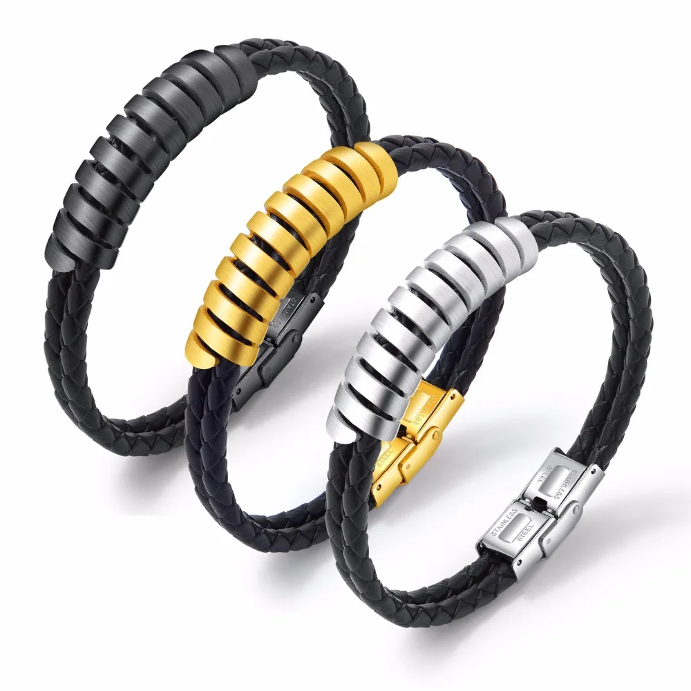 FATE LOVE Punk Male Men Statement Charm Bracelets Fashion Jewelry Gift Black PU Leather Wristlet Stainless Steel PH1286