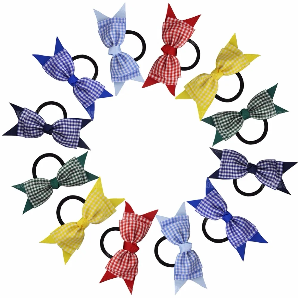 

12Pcs School Style 5'' Double Layer Bowtie Elastic Hair Bands Girls Hair Bow Headbands Hair Tie Accessories Drop Shipping