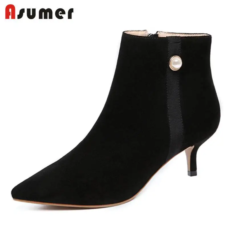 

ASUMER NEW 2018 fashion pearl zipper ankle boots for women cow suede leather boots stiletto heels pointed toe autumn boots