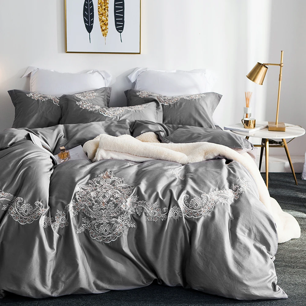 

2018 Grey Luxury European Bedding Set Embroidery Bedlinens Egyptian Cotton Duvet Cover Set Queen King Pillowcases