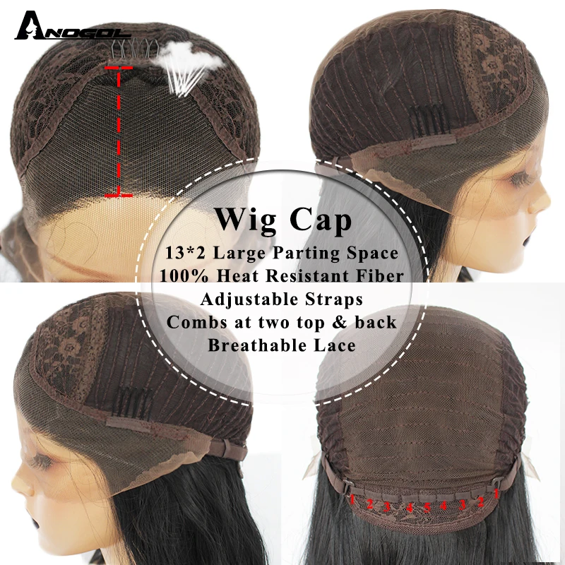 Anogol длинные натуральные волнистые средняя часть высокотемпературное волокно без клея черные синтетические волосы на кружеве парики для женщин