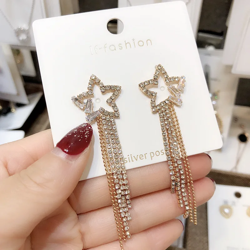 

Vintage Star Women Dangle Earrings Crystal Chain star Long Tassel Earrings Fashion Women Statement Bohemian Earrings
