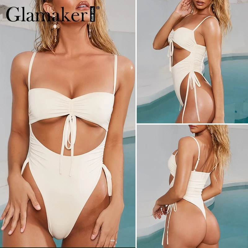 Glamaker Белый боди с вырезами женские стринги сексуальный купальник на шнуровке