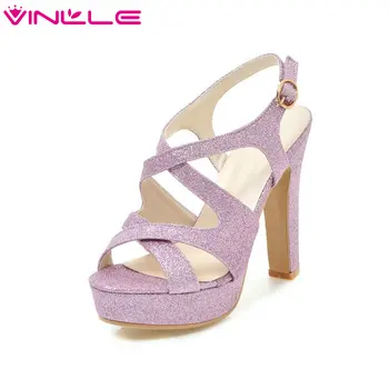 

VINLLE 2020 Women Sandals Peep Toe Shoes Woman PU Leather Square High Heel Slingback Ankle Strap Ladies Wedding Shoes Size 34-43