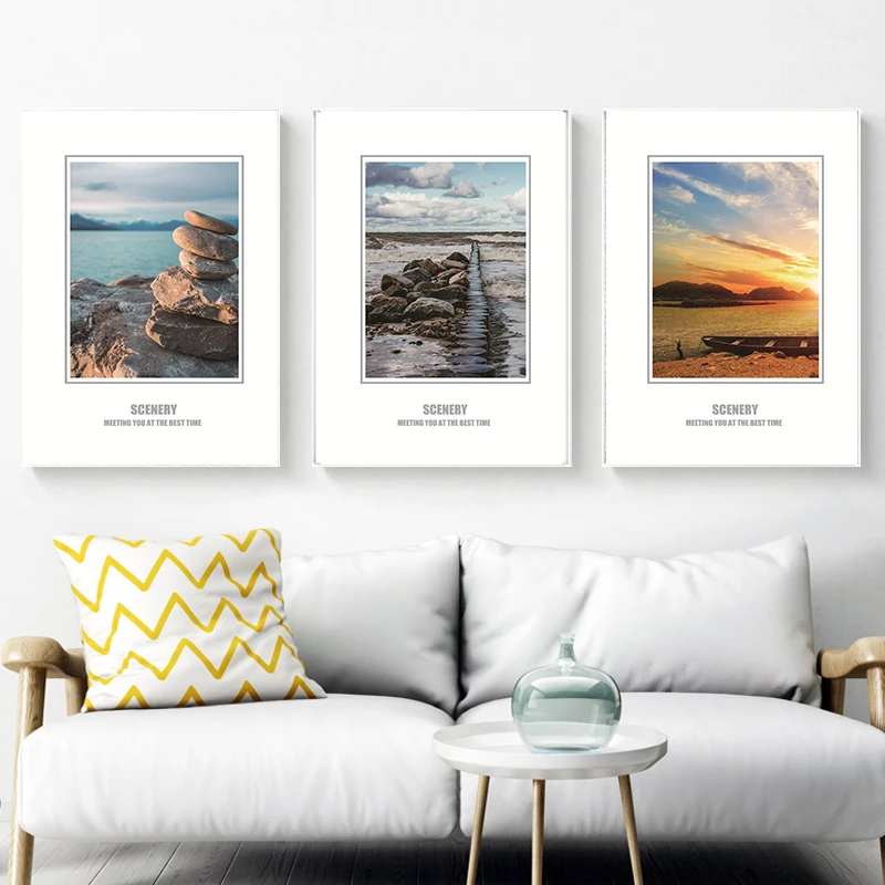 Landscape Seascape Home Decor Canvas Painting Sunset Boat Stone Picture Art Print Living Room Hotel Backdrop | Дом и сад