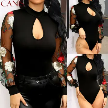 

Women See Sheer Floral Sleeve Bodysuit Stretch Leotard Tops Romper Hollow Out O Neck Jumpsuit Playsuit