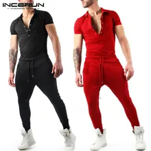 INCERUN мужской сплошной цвет мода с коротким рукавом эластичный пояс Европейский Американский комбинезон с отворотом свободный уличная комбинезон 5XL