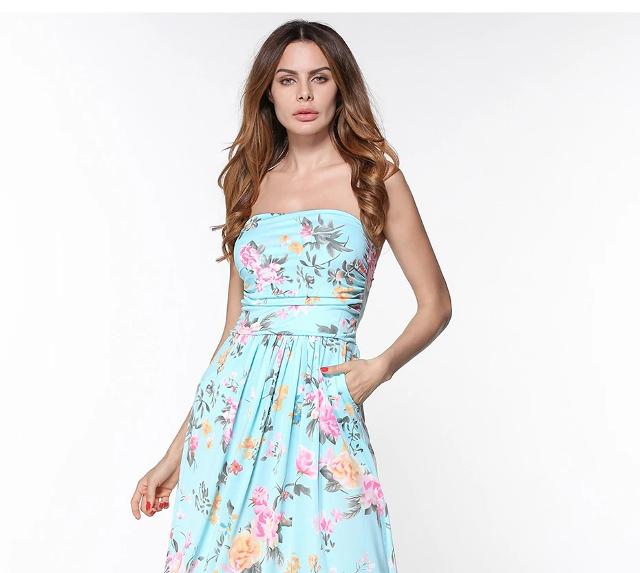 blue  Floral Strapless Off Shoulder Long Maxi Dress 