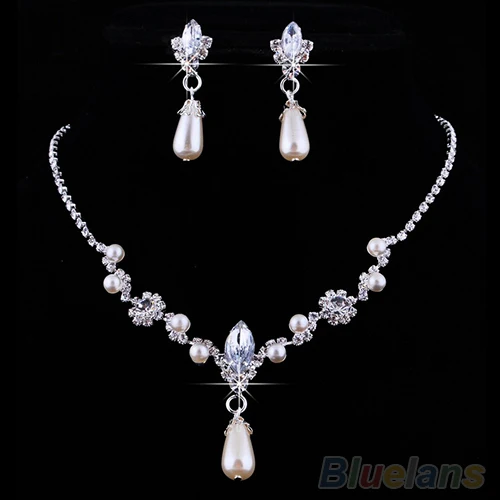 

Bridal Wedding Faux Pearls Rhinestone Necklace Water Drop Earrings Jewelry Set