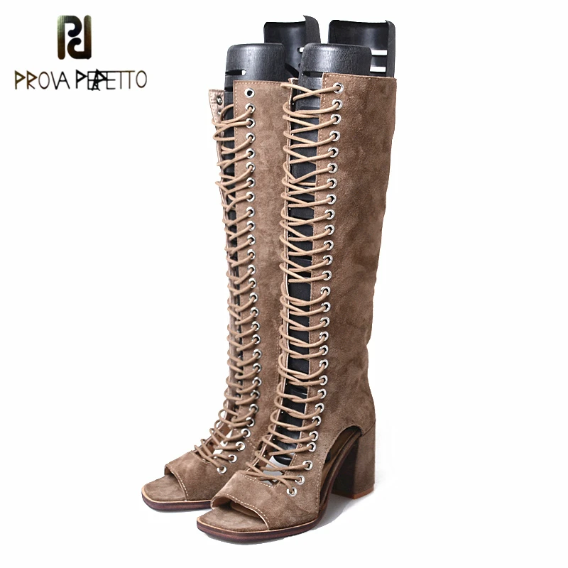 

Prova Perfetto New Design Suede Leather Sandal Boots Women Hollow Out Cross Tied Sexy Knee Boot High Quality Winter Shoes