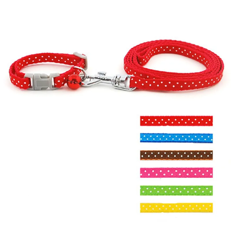 

Polka Dot Printed Nylon Pet Bell Collar Dog Cat Collar and Leash Set