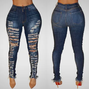

2019 New Blue High Waisted Pant Jeans Women High Waisted Hole Skinny Denim Jeans Stretch Slim Pants Calf Length Jeans L318